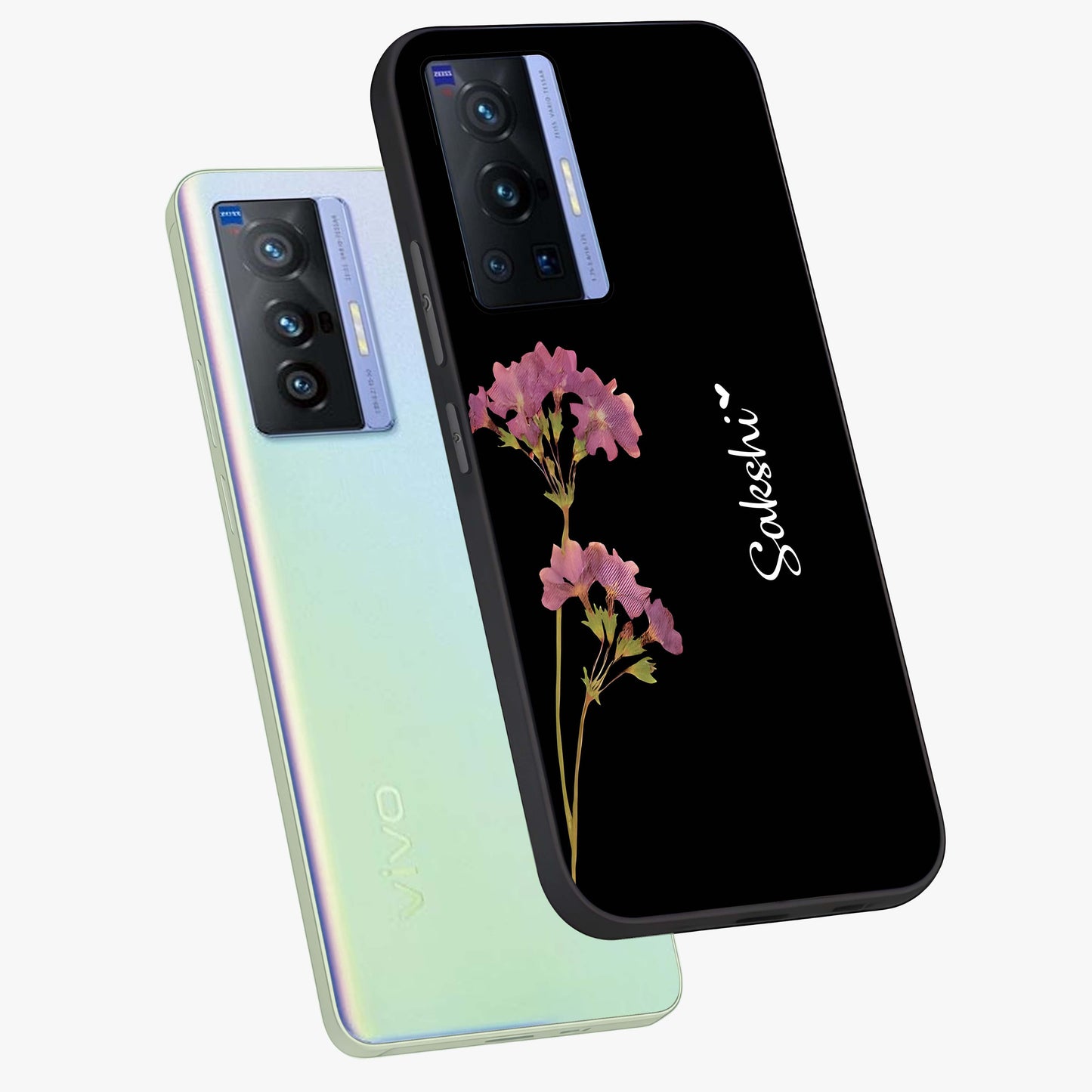 Riching Lavender Flower Custom Name Glass Case displayed in angled mockup highlighting delicate lavender flower design with custom name feature.