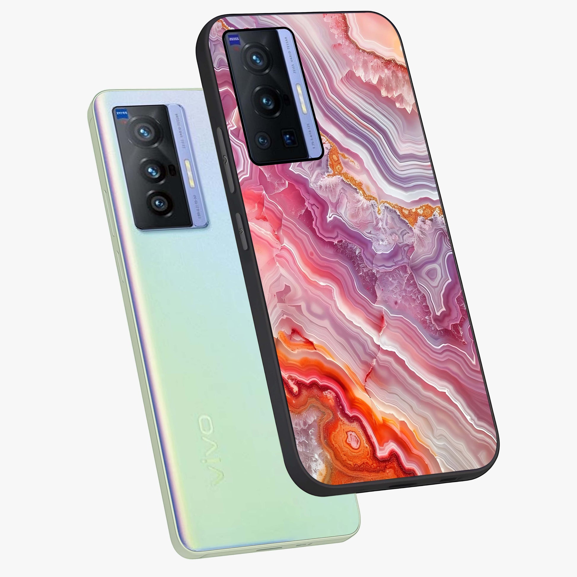 Rose Quartz Marble Glass Case displayed in angled mockup highlighting elegant marble pattern with soft aesthetic style.