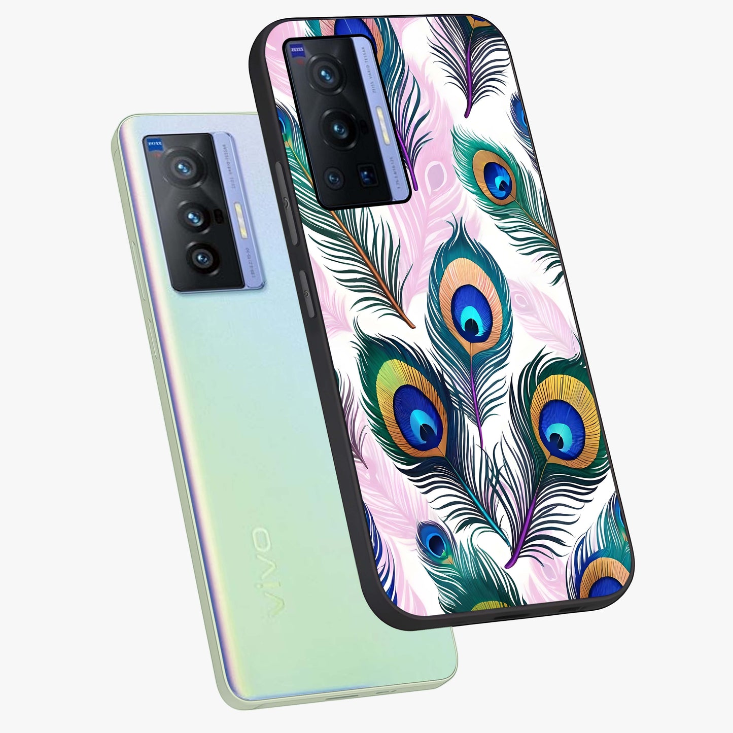 Royal Peacock Feathers Glass Case displayed in angled mockup highlighting vibrant feather pattern with regal aesthetic style.