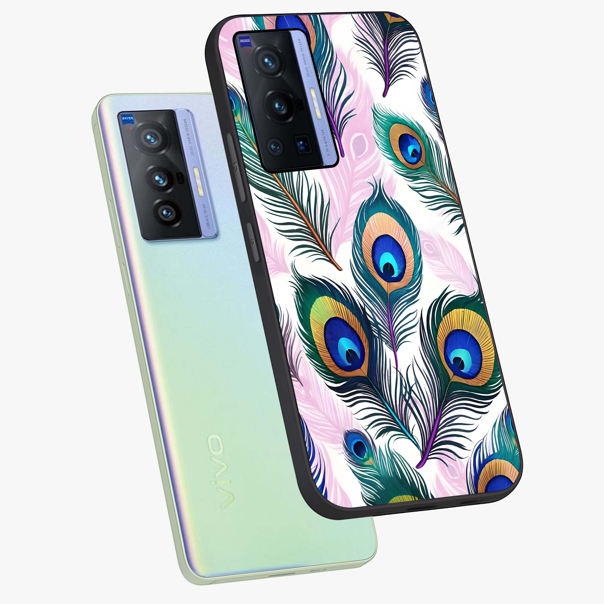 Royal Peacock Feathers Glass Case displayed in angled mockup highlighting vibrant feather pattern with regal aesthetic style.