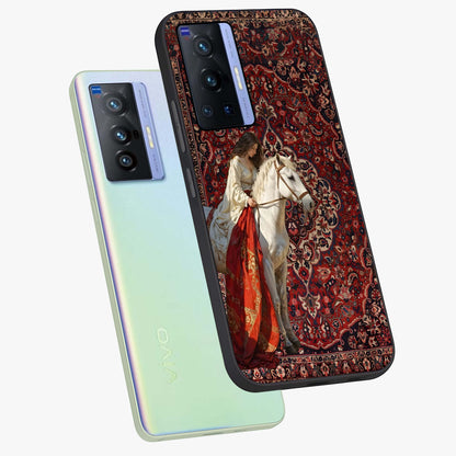 Royal Rider Tapestry Glass Case displayed in angled mockup highlighting traditional tapestry design with royal heritage aesthetic.