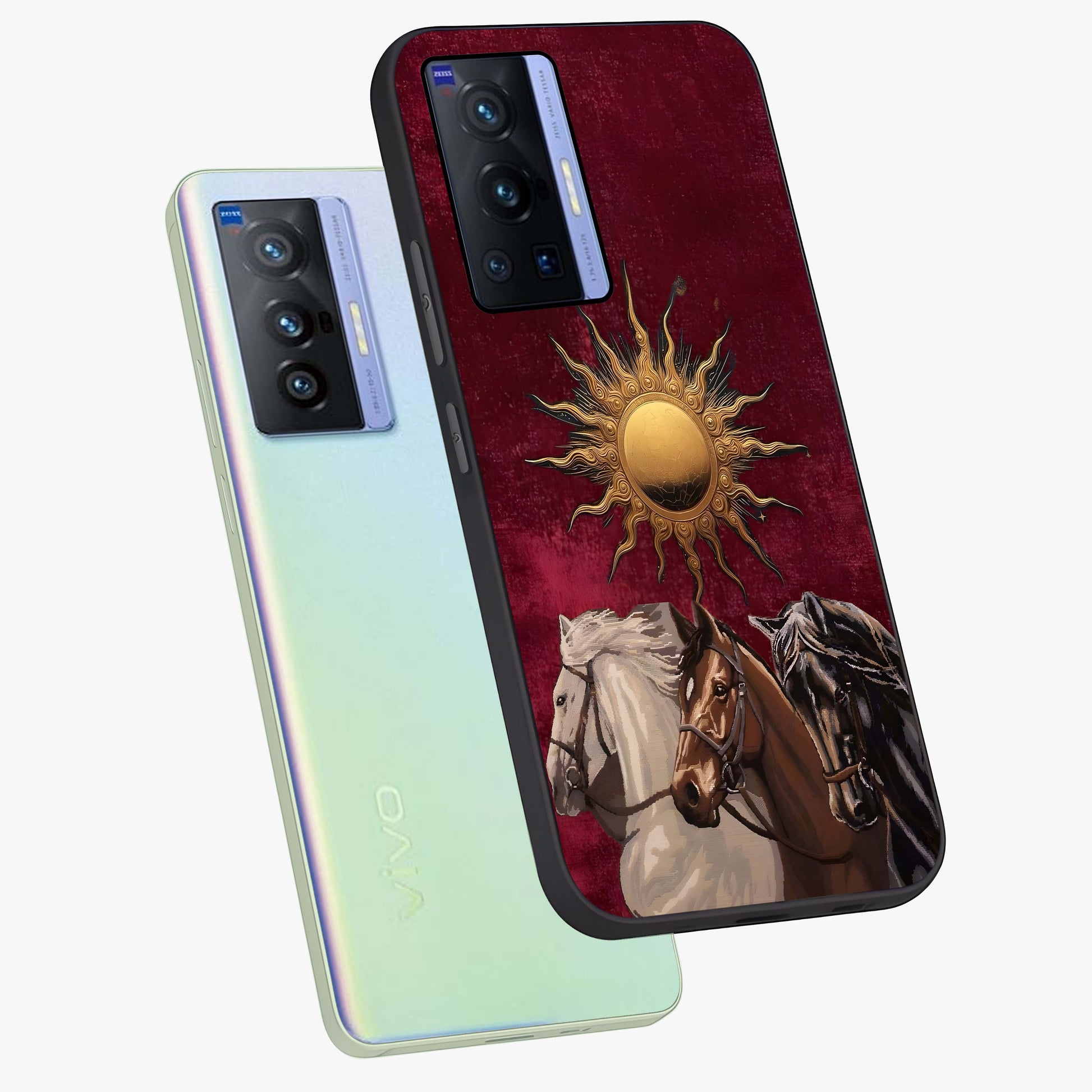 Solar Riders Glass Case displayed in angled mockup highlighting powerful rider illustration with radiant solar aesthetic.