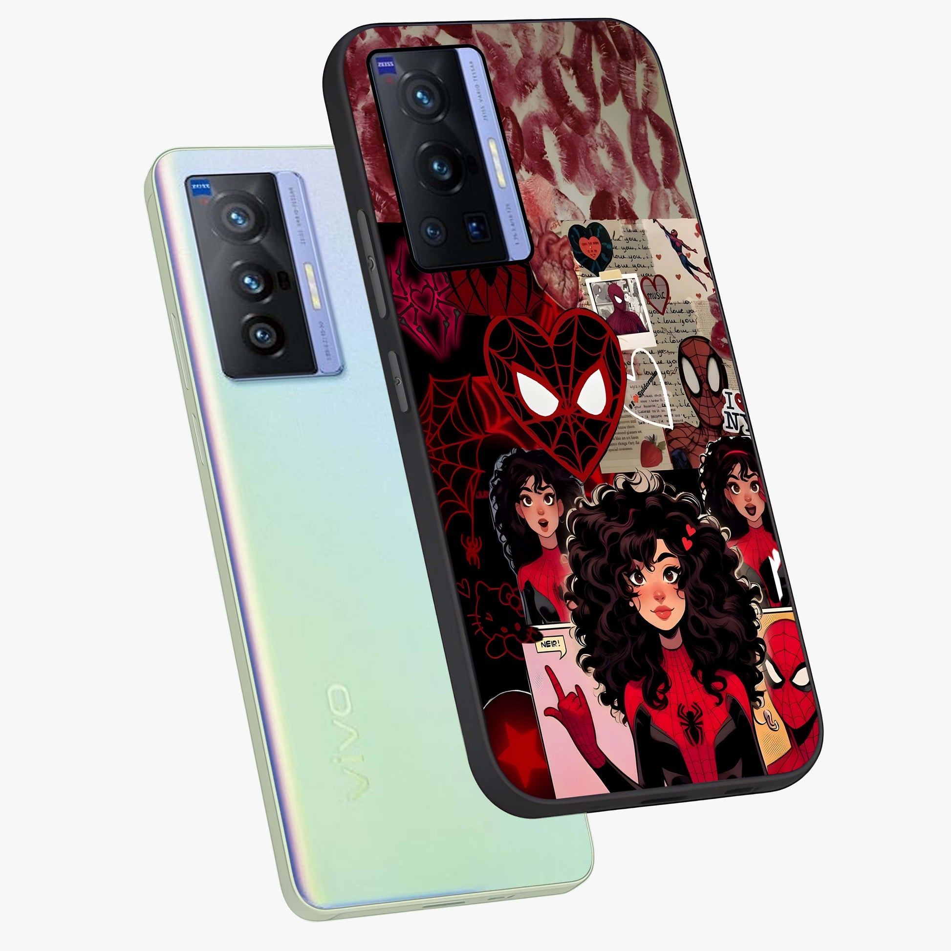 Spider Love Story Glass Case displayed in angled mockup highlighting expressive comic inspired design with playful aesthetic.