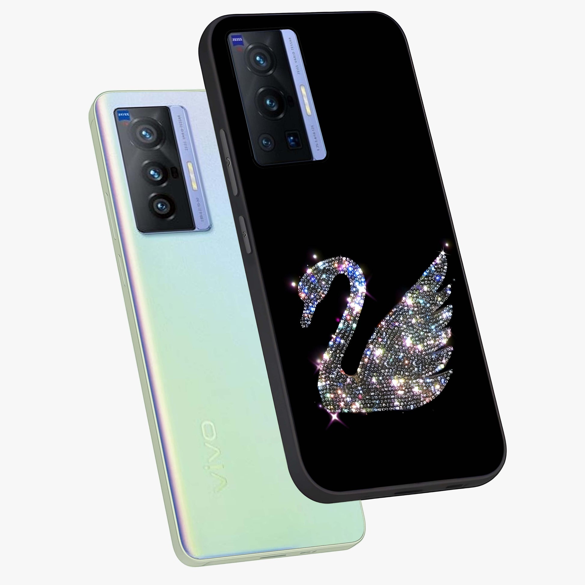 Starlit Swan Grace Glass Case displayed in angled mockup highlighting elegant swan illustration with dreamy celestial aesthetic.