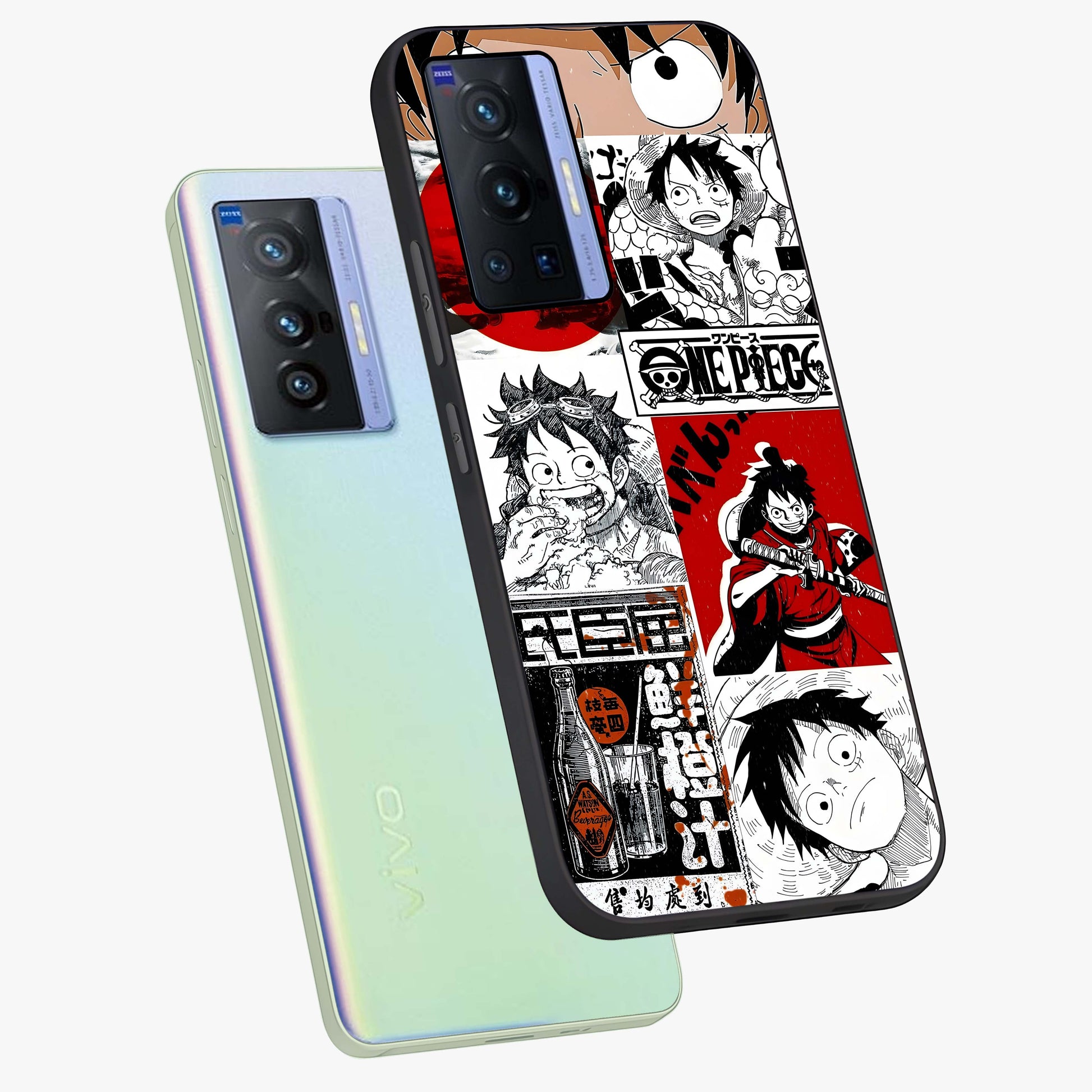 Strawhat Chaos Panels Glass Case displayed in angled mockup highlighting vibrant anime collage design with action aesthetic.