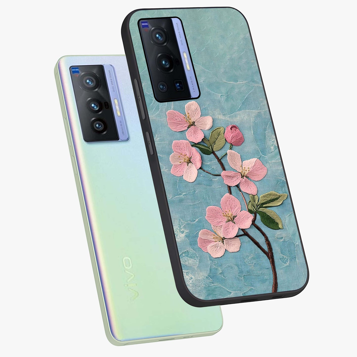 Threaded Blossom Breeze Glass Case displayed in angled mockup highlighting elegant floral design with soft aesthetic style.