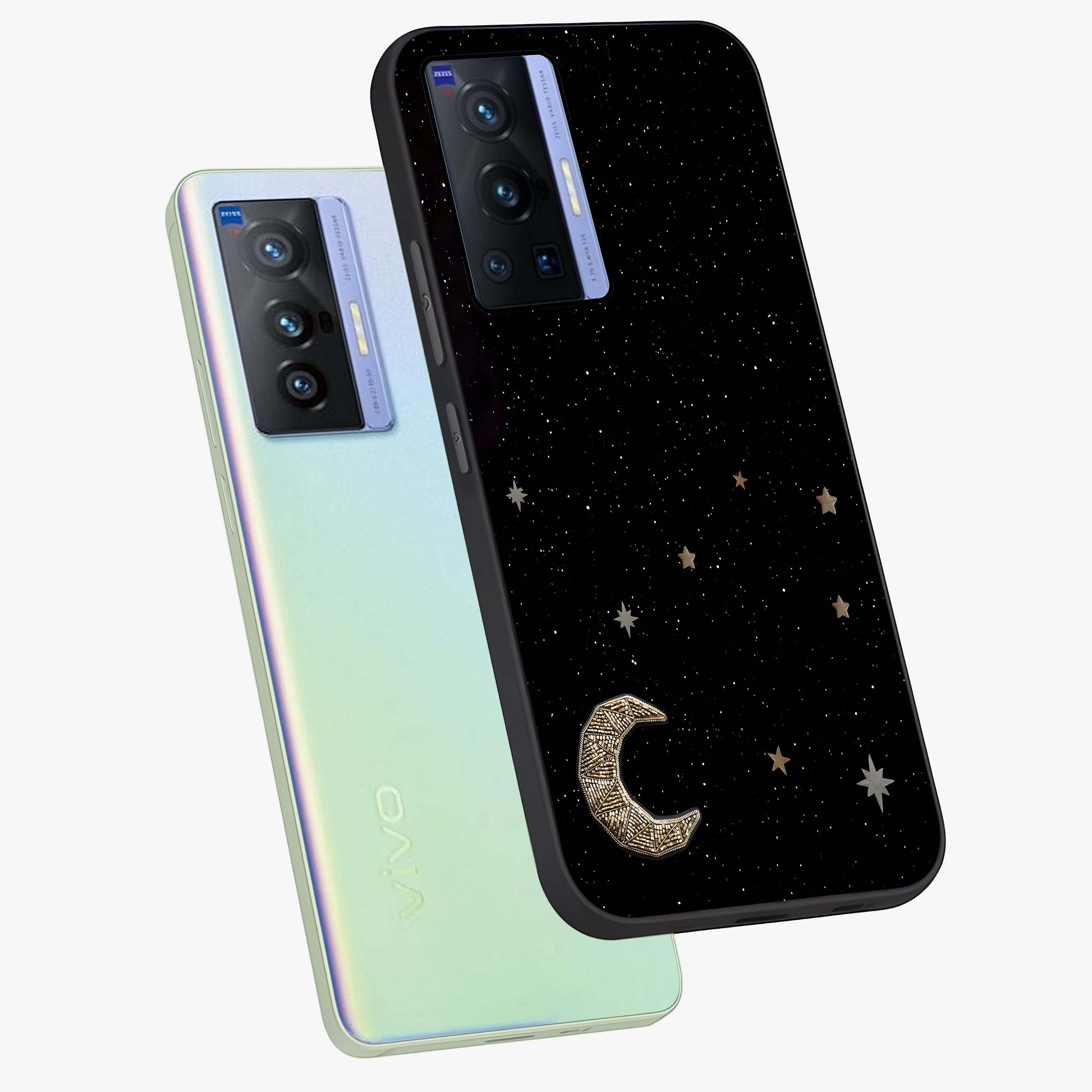 Twinkle Star With Half Moon Glass Case displayed in angled mockup highlighting celestial moon and star design with magical aesthetic.