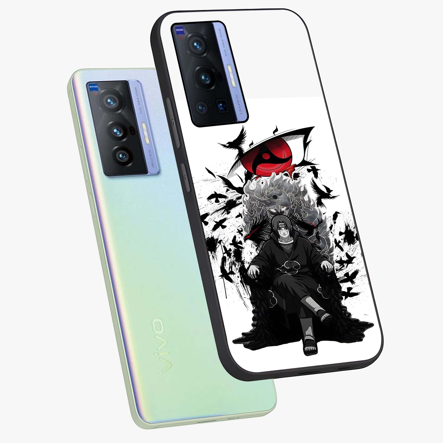 Uchiha Shadow Throne Glass Case displayed in angled mockup highlighting glowing aquatic design with celestial aesthetic.