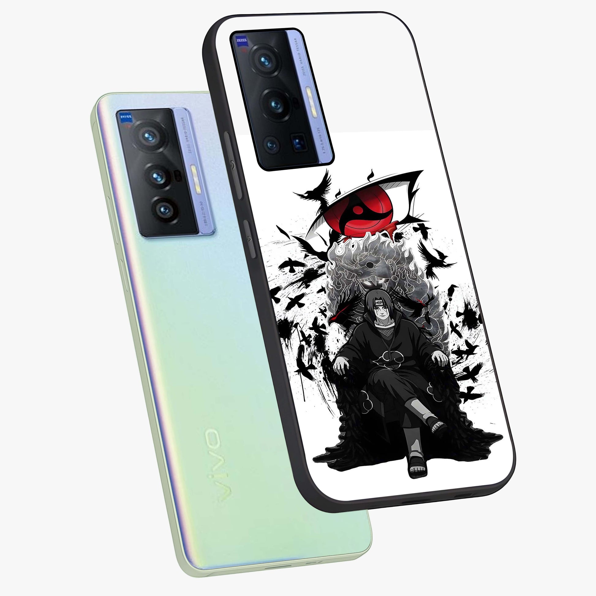Uchiha Shadow Throne Glass Case displayed in angled mockup highlighting glowing aquatic design with celestial aesthetic.