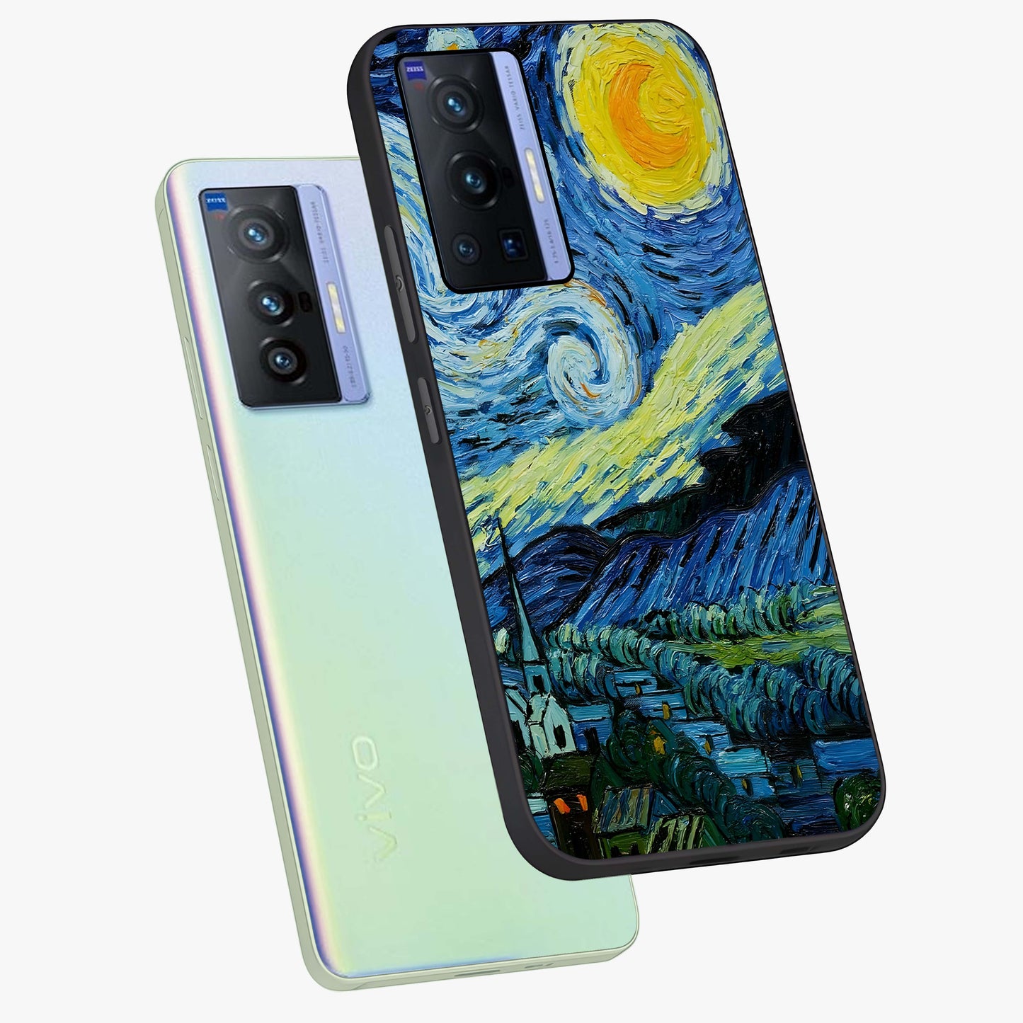 Van Gogh Art Glass Case displayed in angled mockup highlighting swirling brushstroke design with artistic aesthetic.