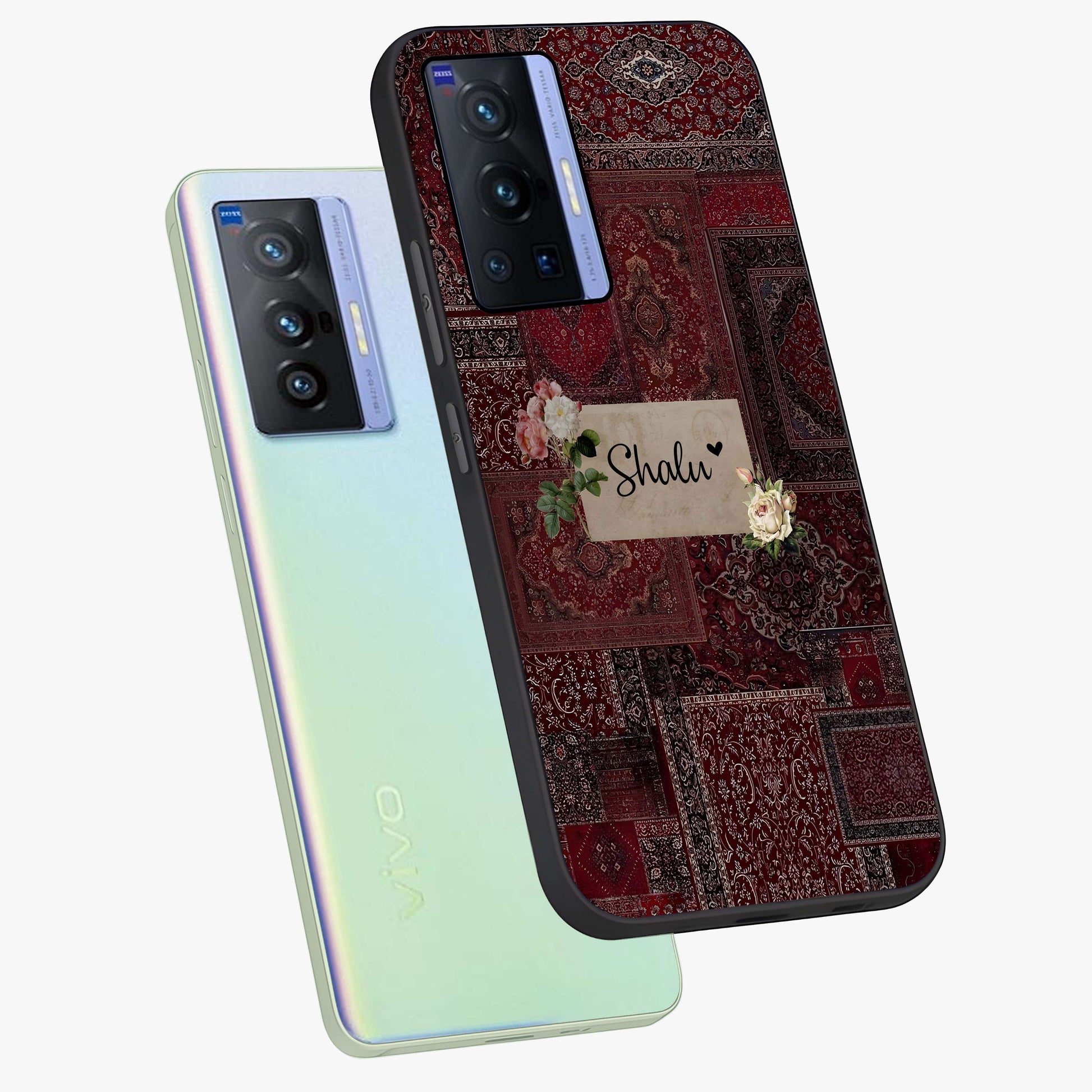 Velvet Wine Pattern Custom Name Glass Case displayed in angled mockup highlighting decorative velvet inspired design with custom name feature.