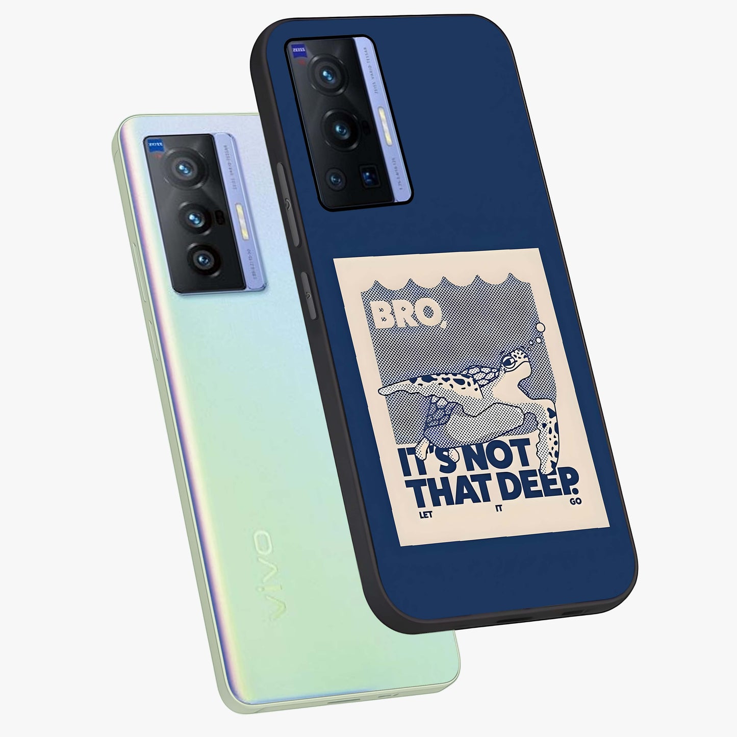 Worry Less Swim Glass Case displayed in angled mockup highlighting fun typography design with relaxed aesthetic style.