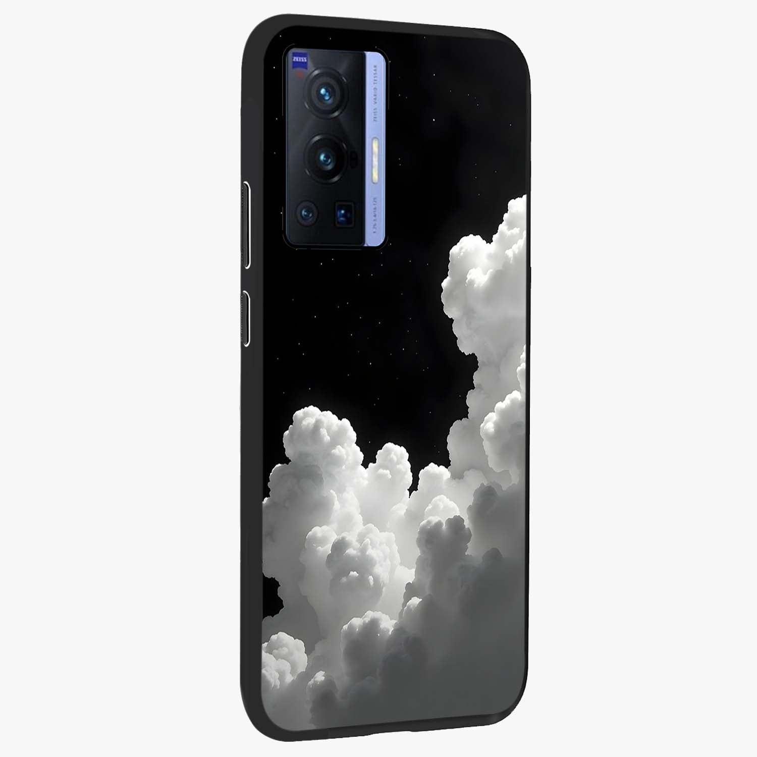 Black Background With White Cloud Glass Case upright view showcasing calm cloud aesthetic with modern minimal style.