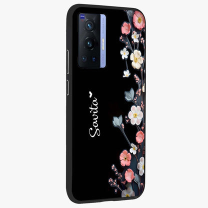 Black Elegance Floral Custom Name Glass Case upright view showcasing luxurious black floral design with personalized name detail.