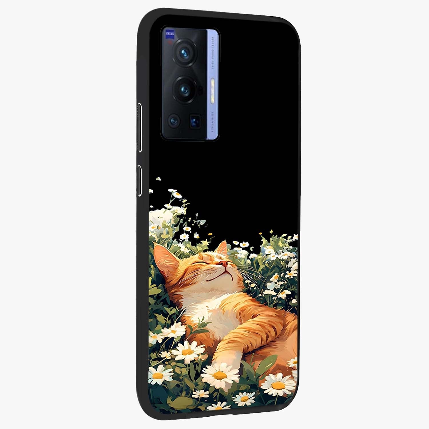 Blissful Bloom Cat Glass Case upright view showcasing charming cat design surrounded by blooming floral elements.