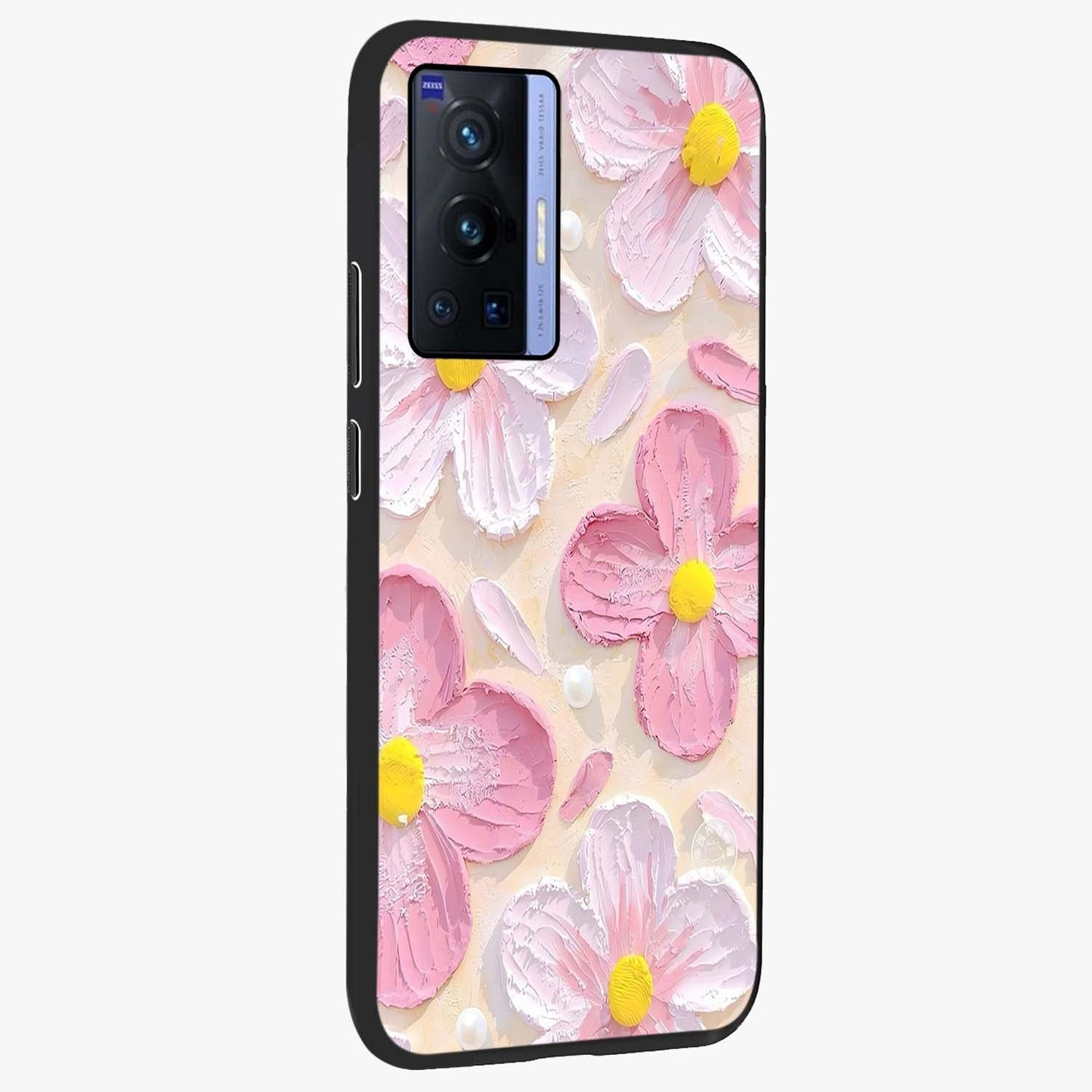 Blush Bloom Texture Glass Case upright view showcasing delicate blush floral texture with modern minimal style.