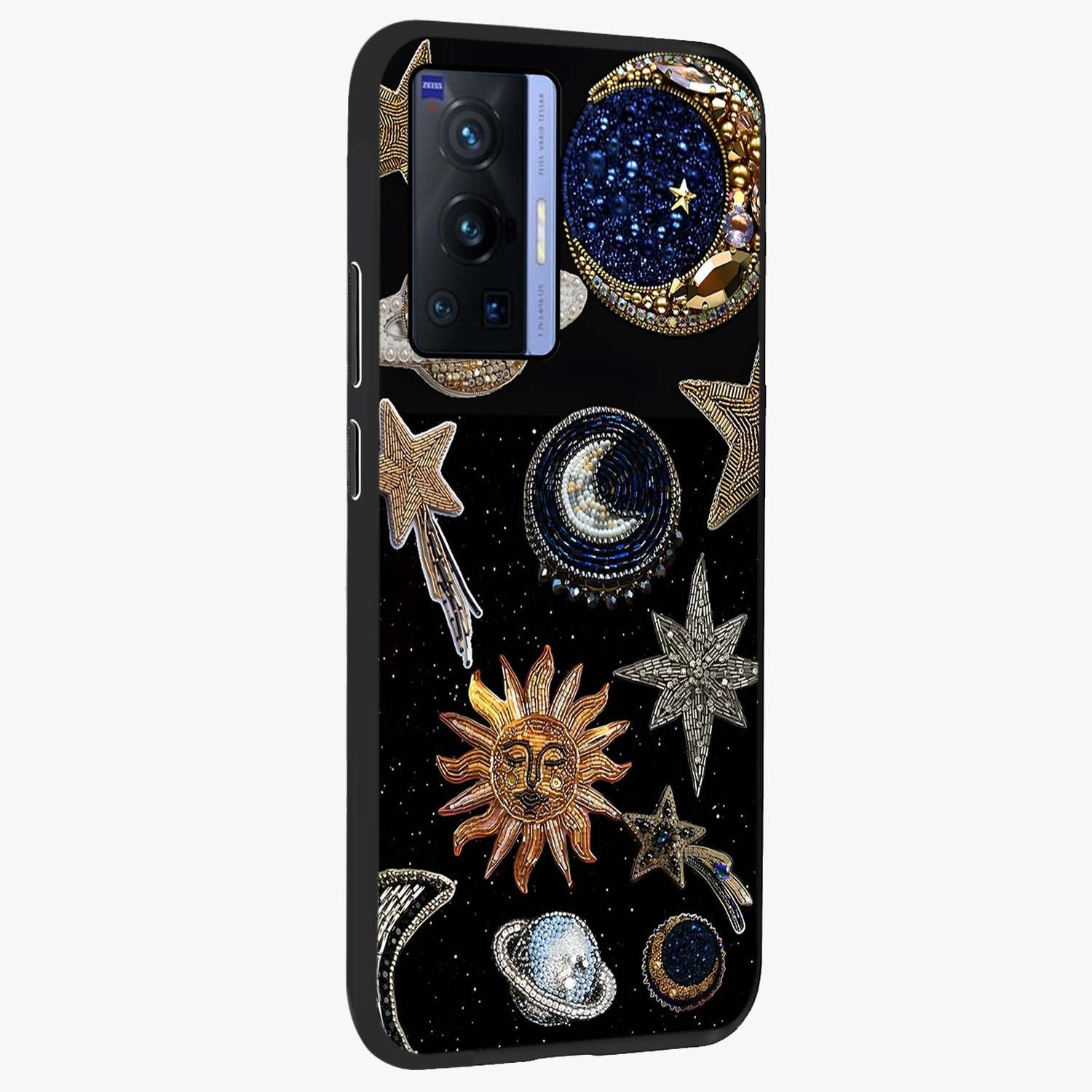 Celestial Gem Constellations Glass Case upright view showcasing cosmic constellation artwork with celestial aesthetic style.