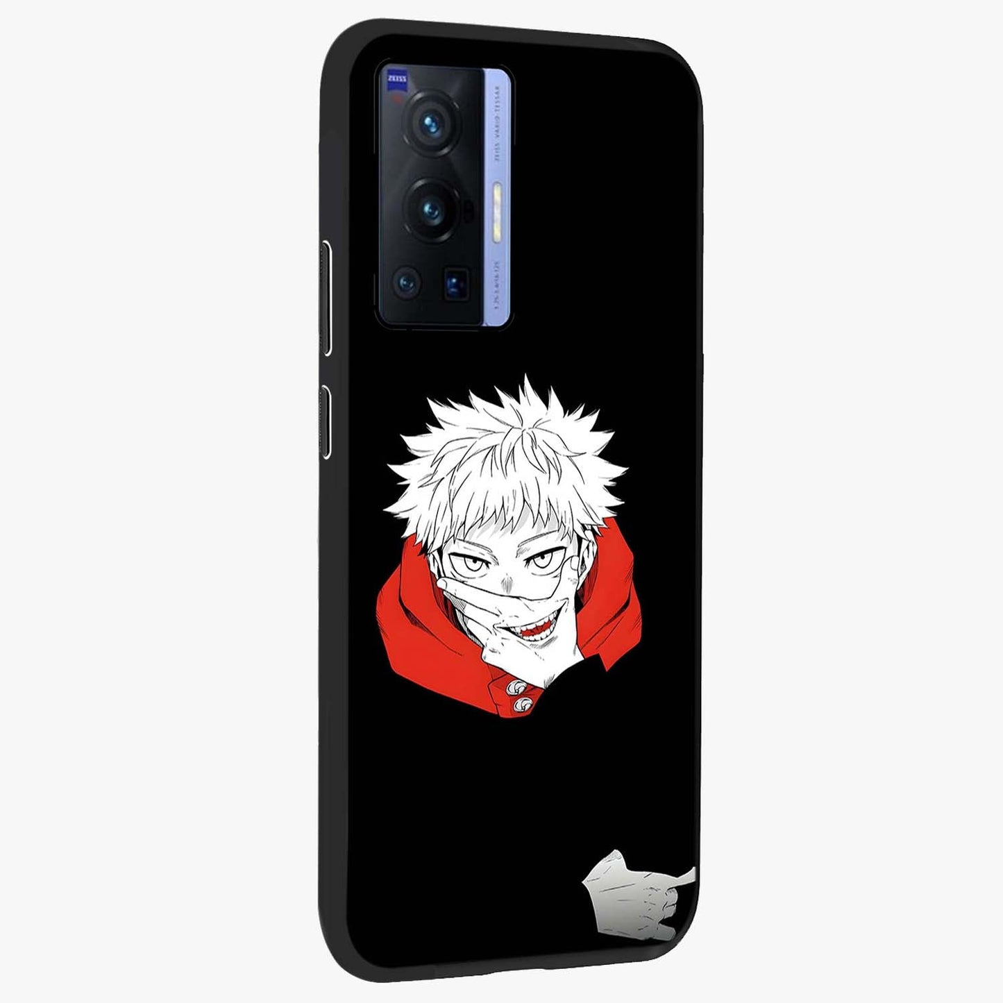 Crimson Chaos Smile Glass Case upright view showcasing expressive chaotic artwork with striking visual theme.