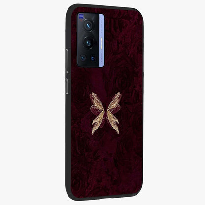 Crimson Fade Butterfly Glass Case upright view showcasing graceful butterfly artwork with soft crimson fade effect.