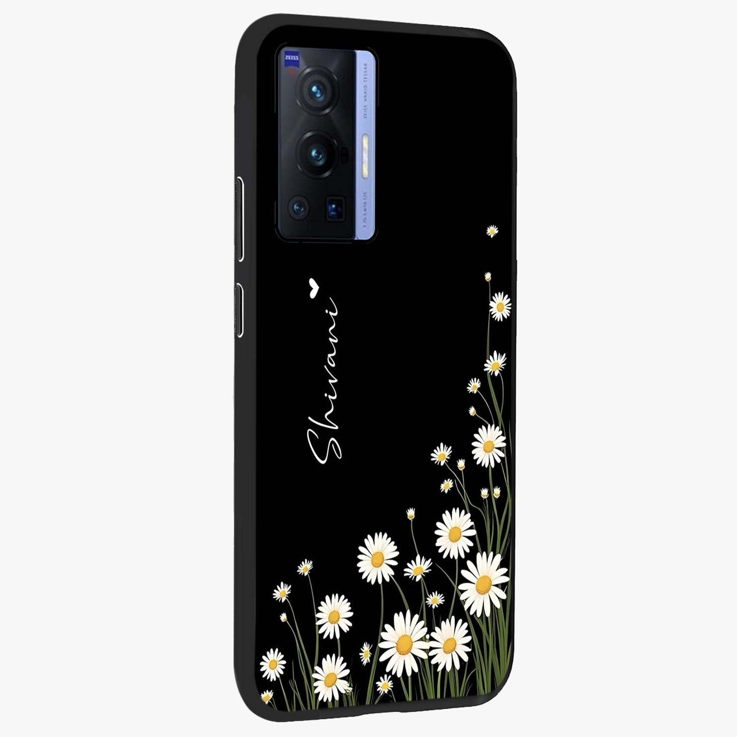 Daisy Cascade Custom Name Glass Case upright view showcasing elegant floral cascade design with personalized aesthetic.