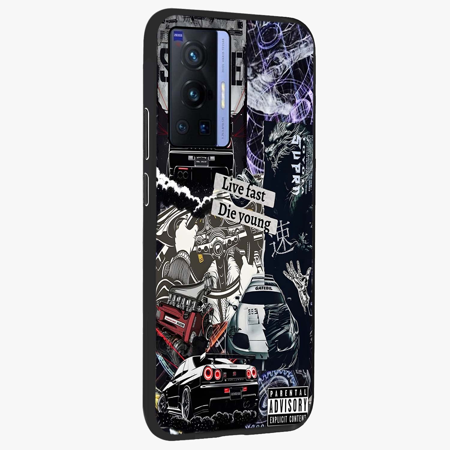 Die Young Glass Case upright view showcasing striking typography artwork with modern statement theme.