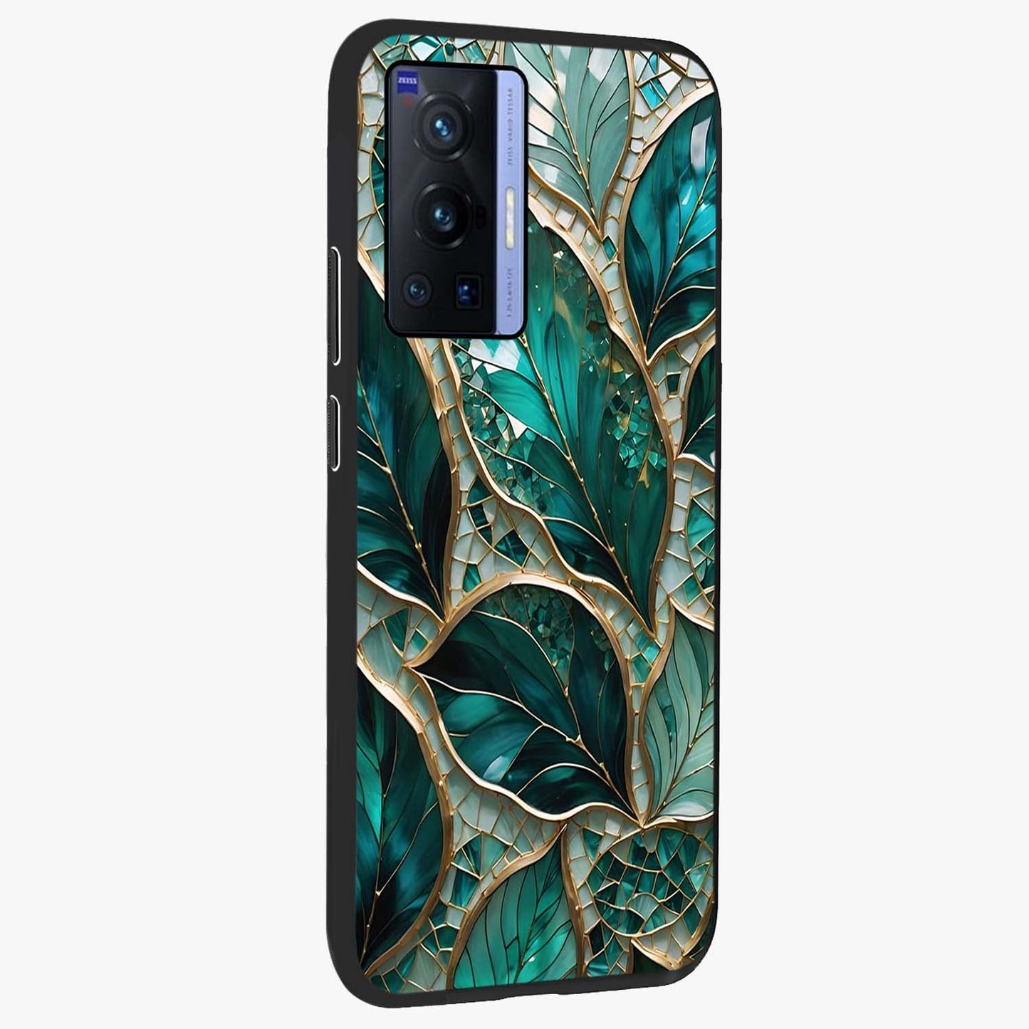 Emerald Leaf Glass Glass Case upright view showcasing fresh green leaf artwork with calming nature inspired style.