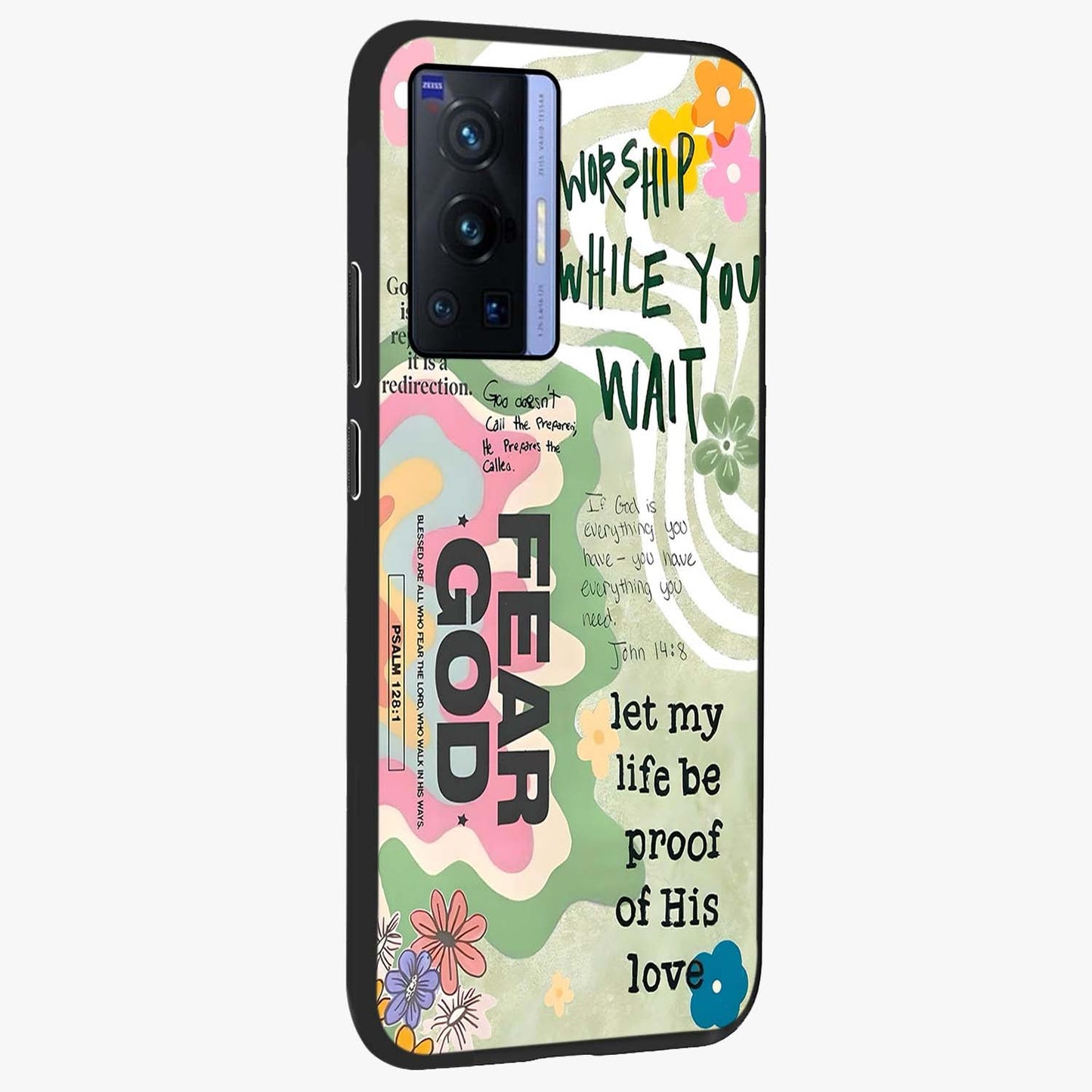 Faith Over Fear Glass Case upright view showcasing bold typography artwork with uplifting motivational theme.