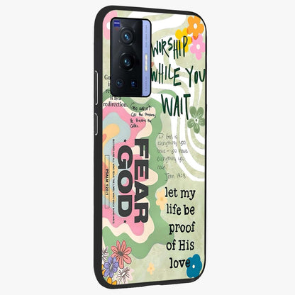Faith Over Fear Glass Case upright view showcasing bold typography artwork with uplifting motivational theme.