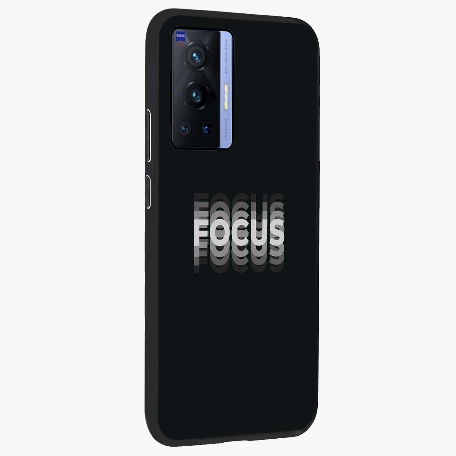 Focus Mode On Glass Case upright view showcasing strong typography statement with sleek motivational theme.