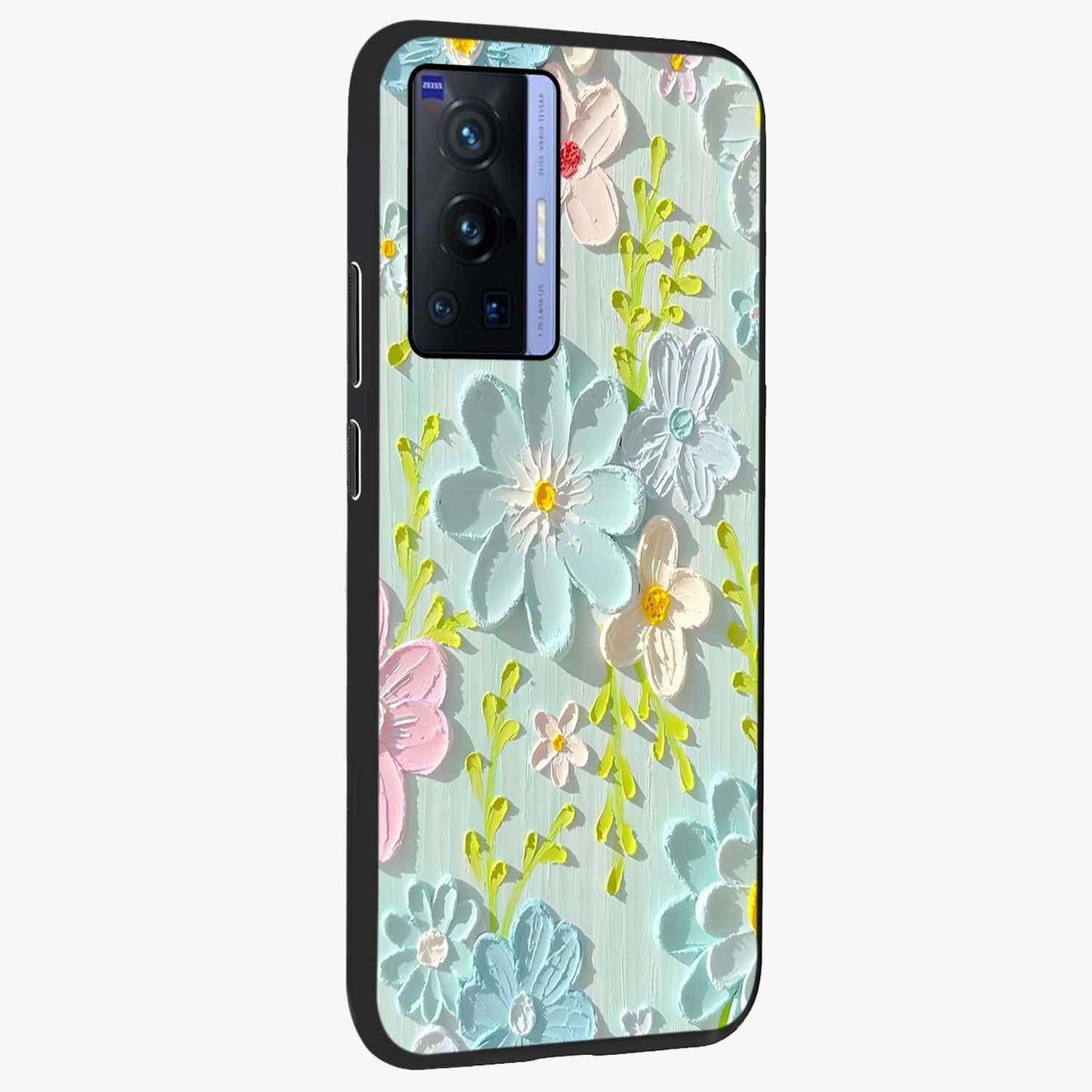 Frosted Petal Garden Glass Case upright view showcasing elegant floral garden artwork with soothing pastel theme.