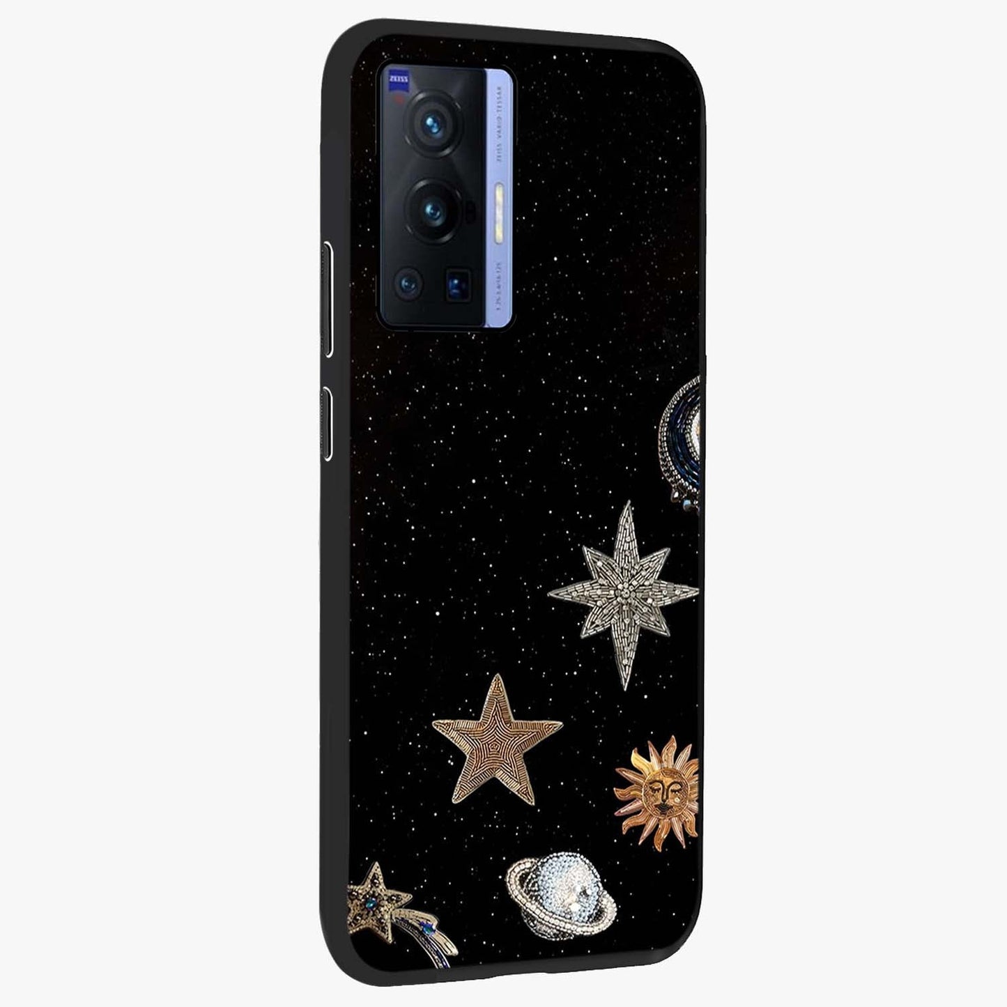 Galactic Charm Glow Glass Case upright view showcasing glowing cosmic charm artwork with magical celestial style.