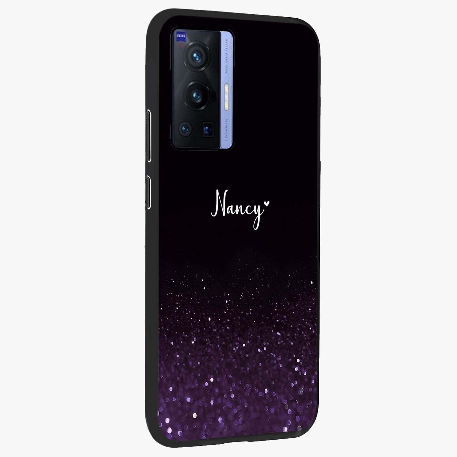 Glittery Purple Bokeh Custom Name Glass Case upright view showcasing vibrant purple sparkle artwork with personalized aesthetic style.