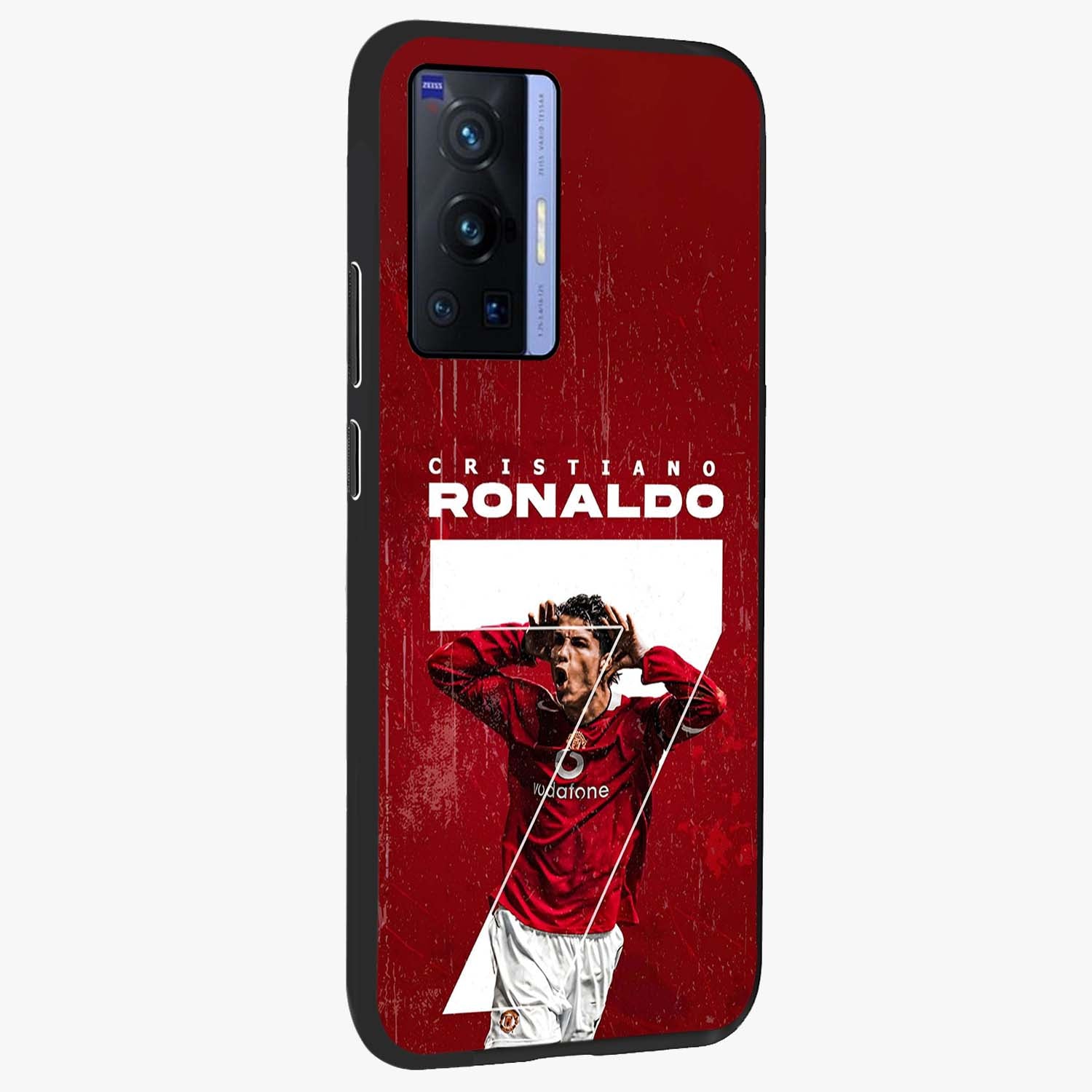 Goal Celebration Legacy Glass Case upright view showcasing dynamic football inspired artwork with victory celebration aesthetic.