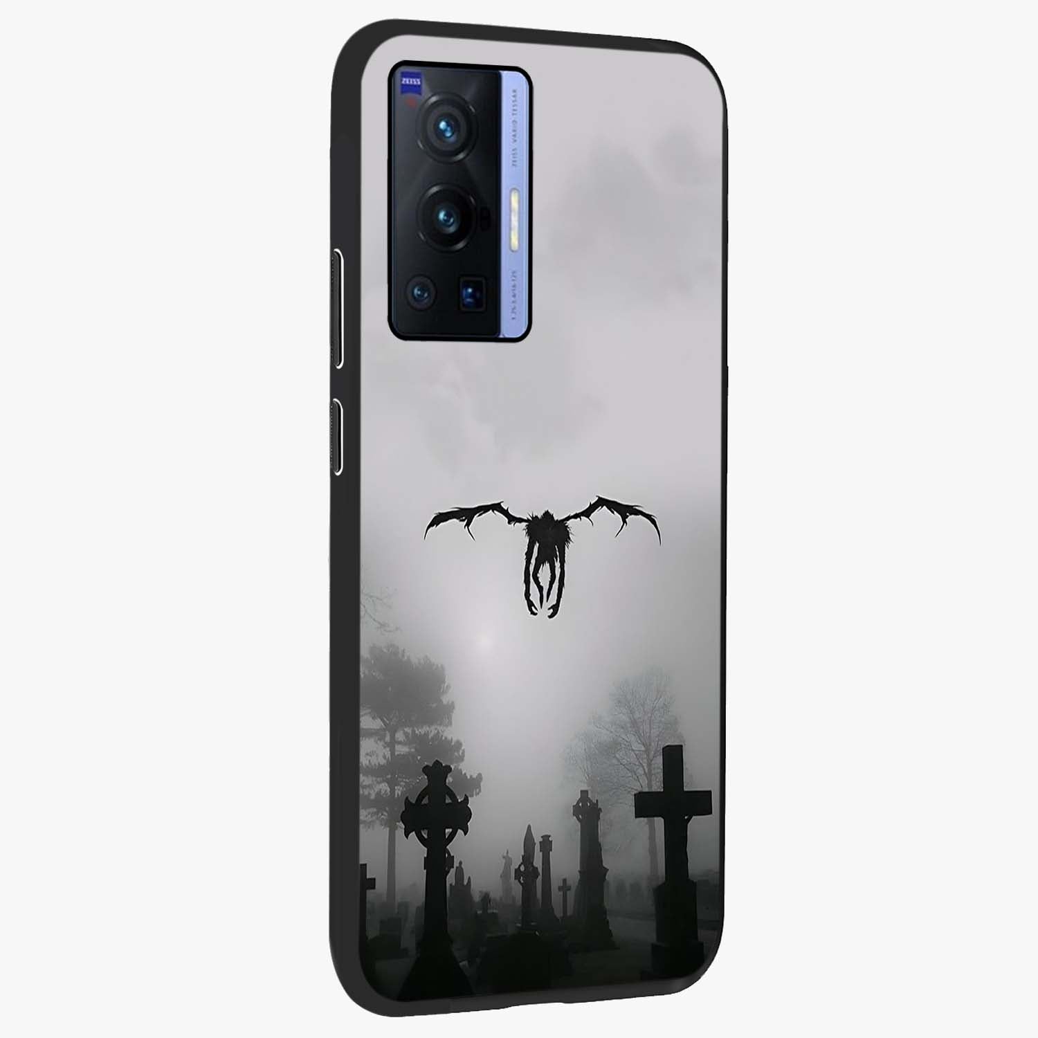 Graveyard Shadow Descent Glass Case upright view showcasing haunting graveyard artwork with dramatic dark theme.