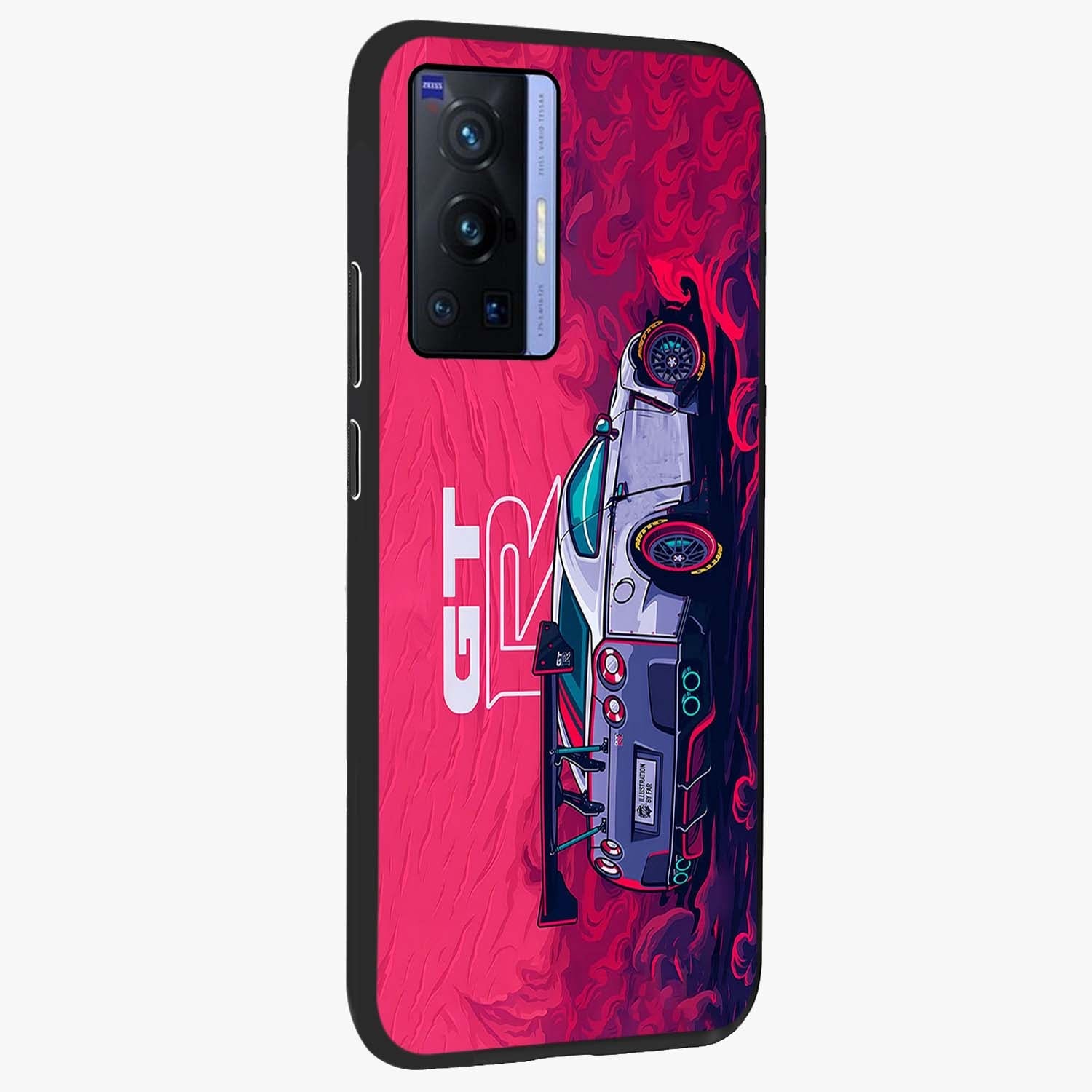 GT-R Car Pattern Glass Case upright view showcasing dynamic car pattern artwork with modern sports theme.
