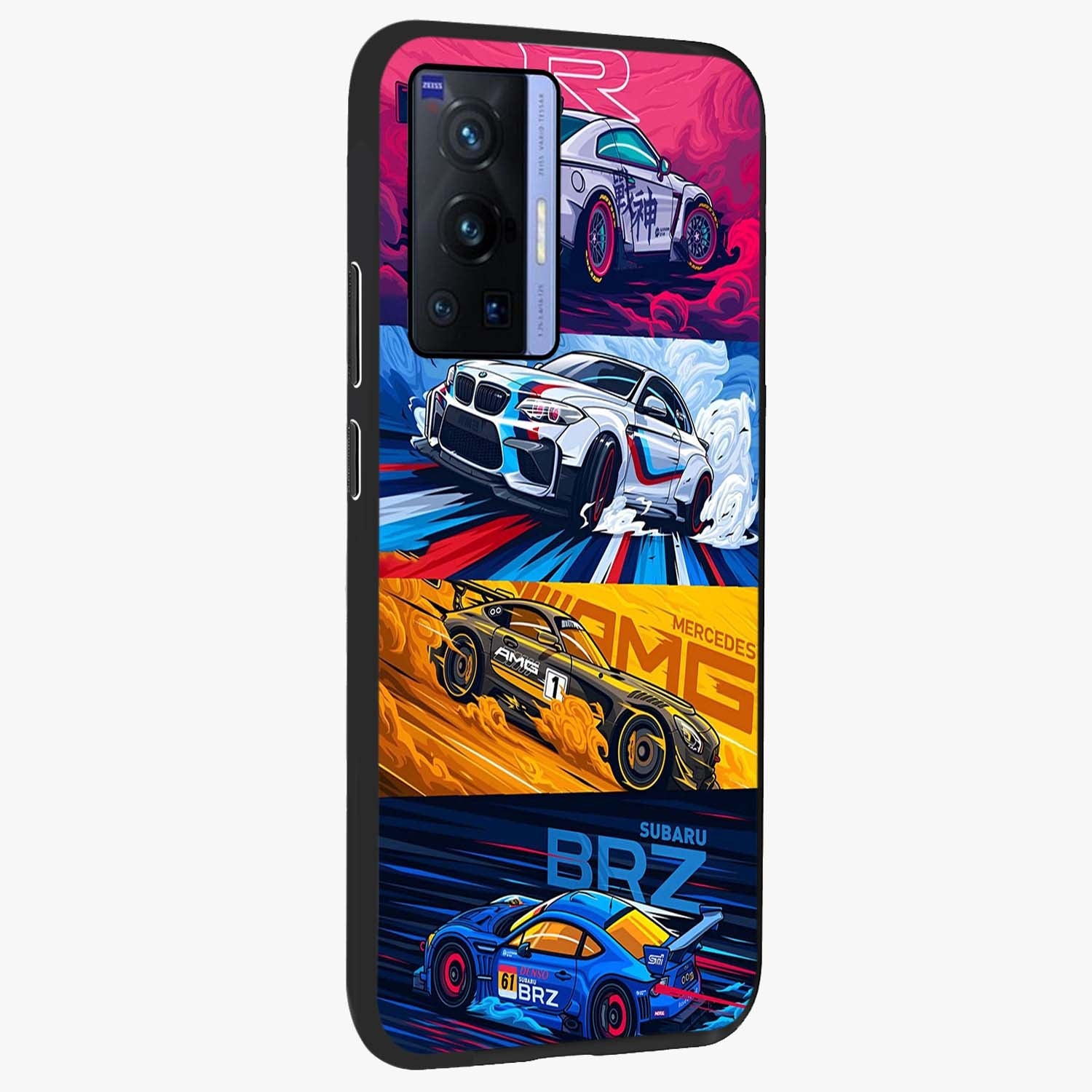 JDM Sports Car Glass Case upright view showcasing dynamic sports car artwork with bold racing theme.