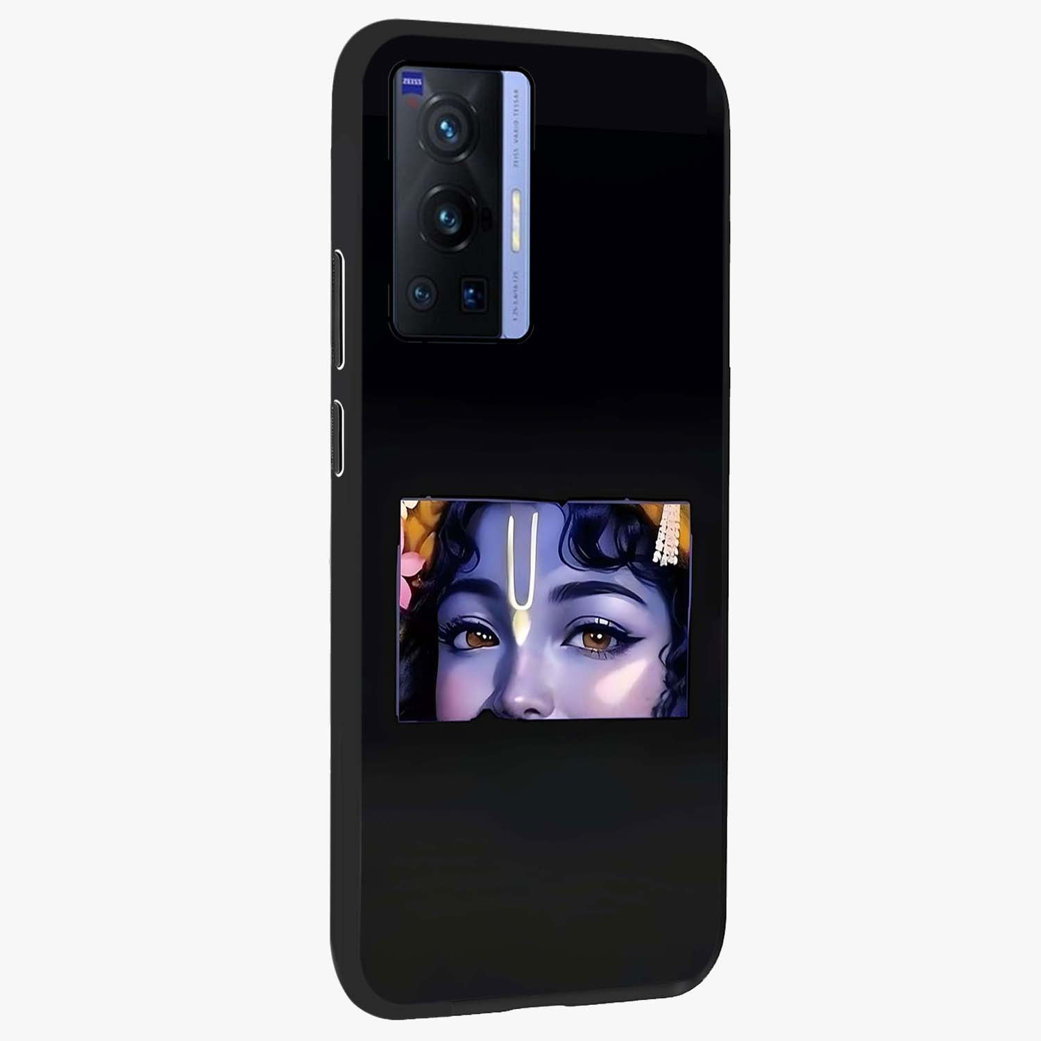 Krishna Divine Embrace Glass Case upright view showcasing sacred Krishna artwork with peaceful devotional theme.