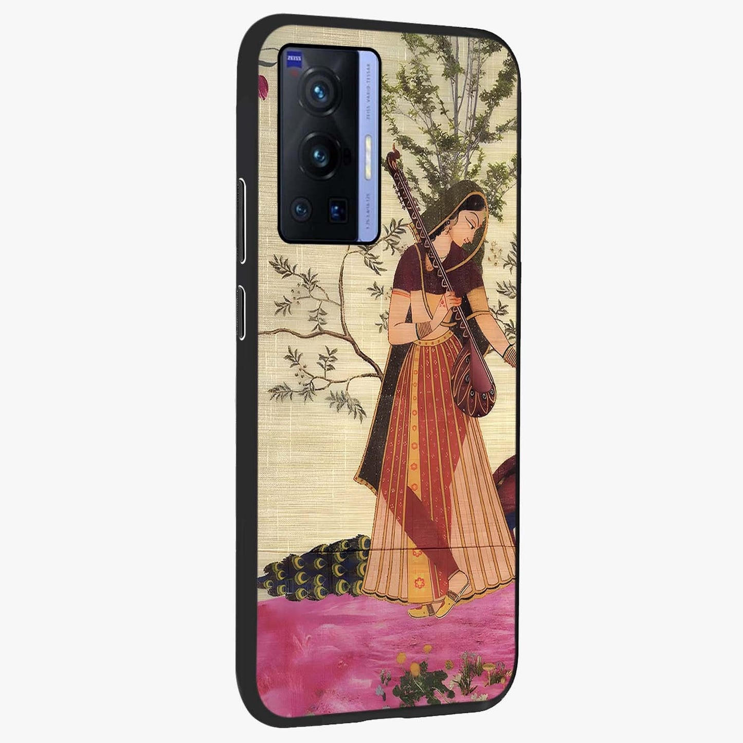 Lady With Veena Art Glass Case upright view showcasing classical veena artwork with traditional artistic theme.