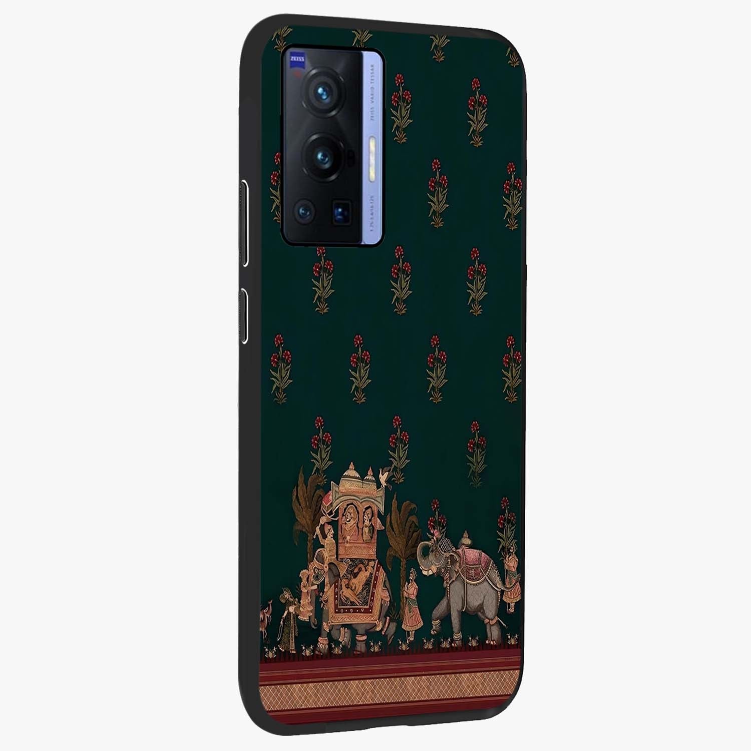 Macmerise Glass Case upright view showcasing bold artistic artwork with contemporary design theme.