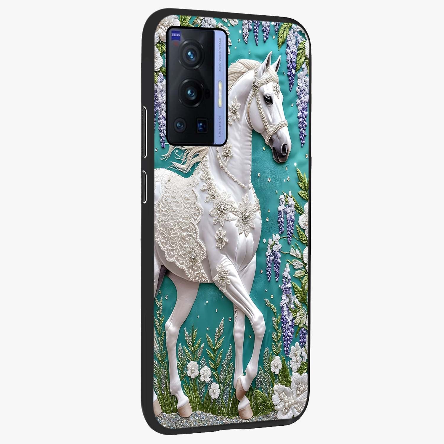 Majestic Floral Stallion Glass Case upright view showcasing dramatic horse artwork with decorative floral theme.
