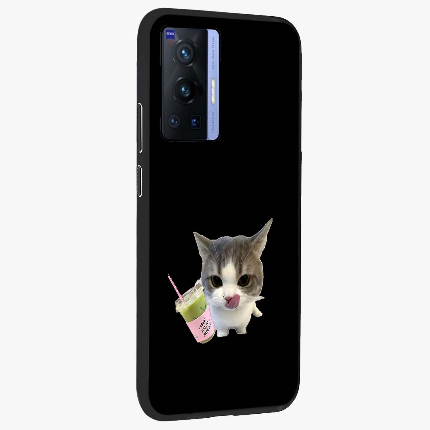 Matcha Cat Style Glass Case upright view showcasing charming cat artwork with cozy aesthetic theme.