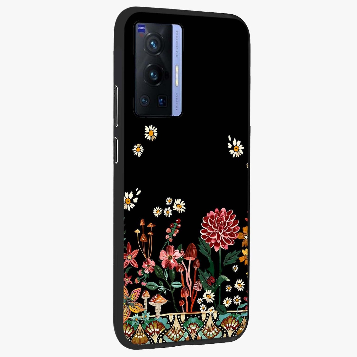 Midnight Bloom Pattern Glass Case upright view showcasing decorative floral artwork with deep night themed palette.