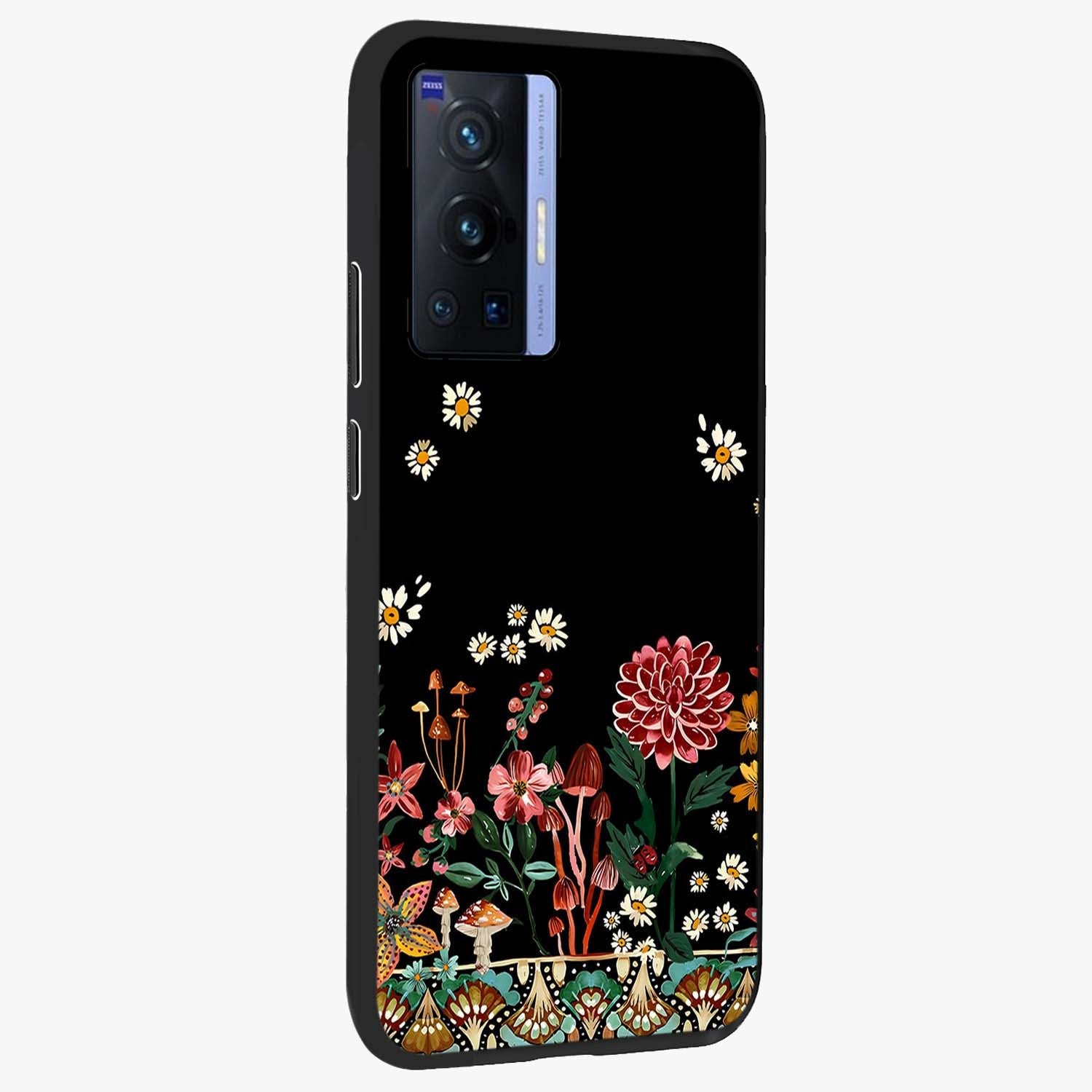 Midnight Bloom Pattern Glass Case upright view showcasing decorative floral artwork with deep night themed palette.