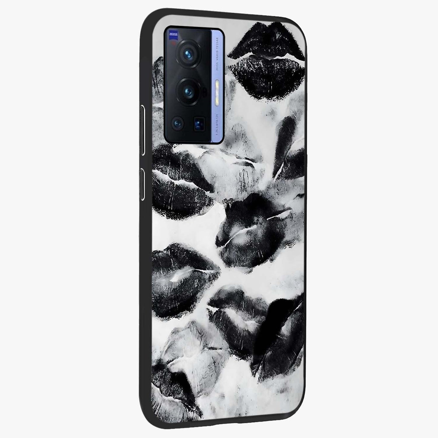 Midnight Kiss Marks Glass Case upright view showcasing stylish kiss mark artwork with trendy romantic theme.