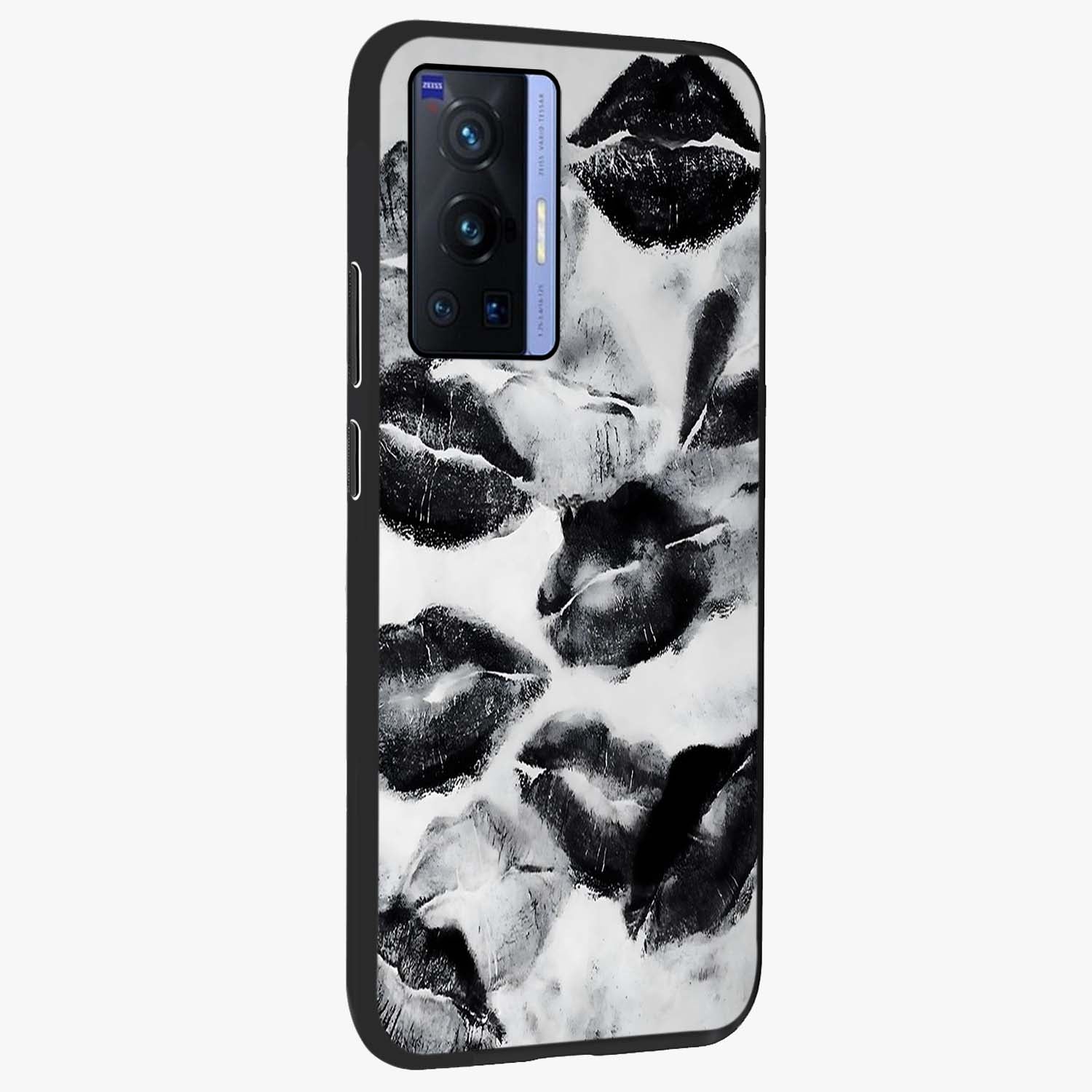 Midnight Kiss Marks Glass Case upright view showcasing stylish kiss mark artwork with trendy romantic theme.