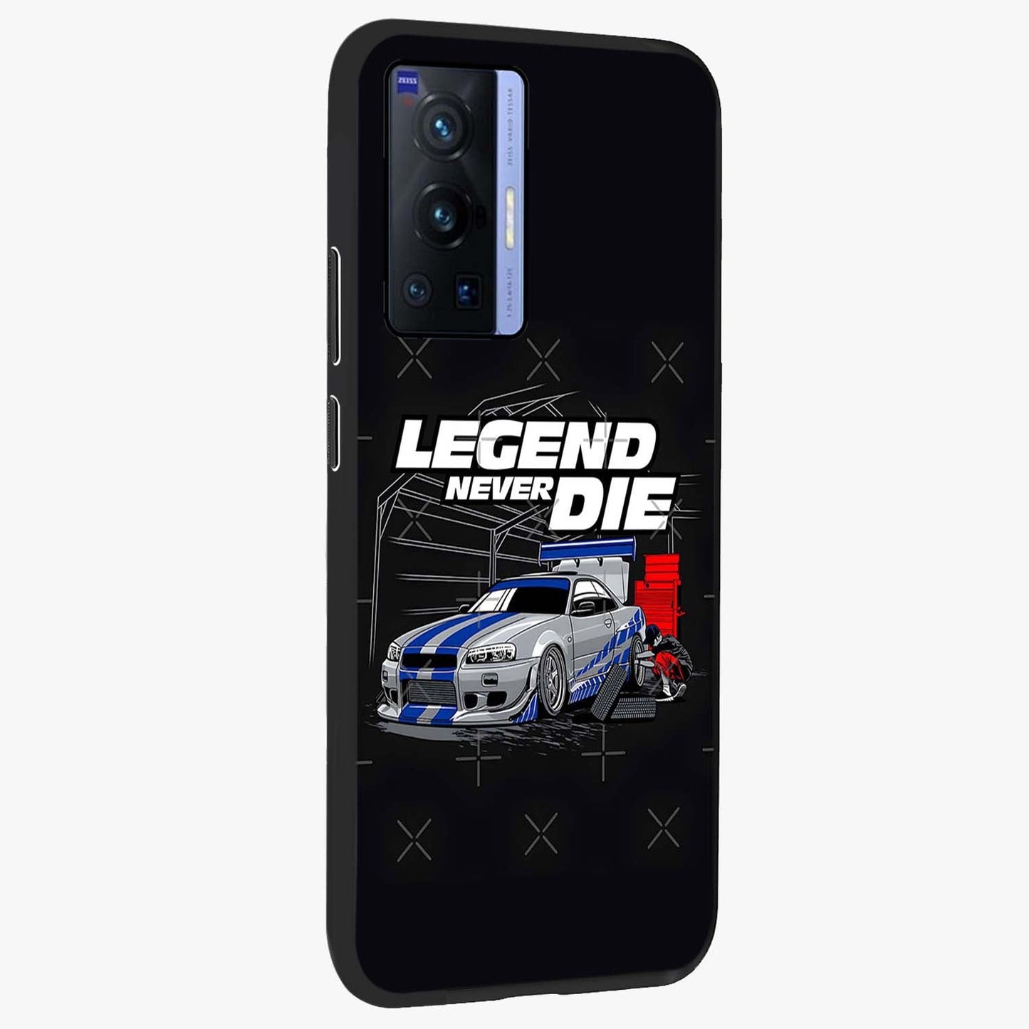 Midnight Racing Legacy Glass Case upright view showcasing powerful racing artwork with modern sports theme.