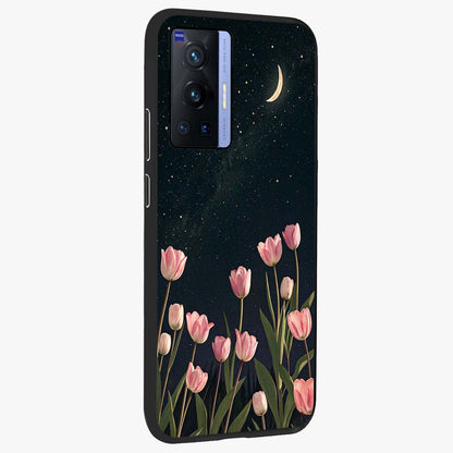 Midnight Tulip Whispers Vibe Glass Case upright view showcasing graceful tulip artwork with calm botanical theme.
