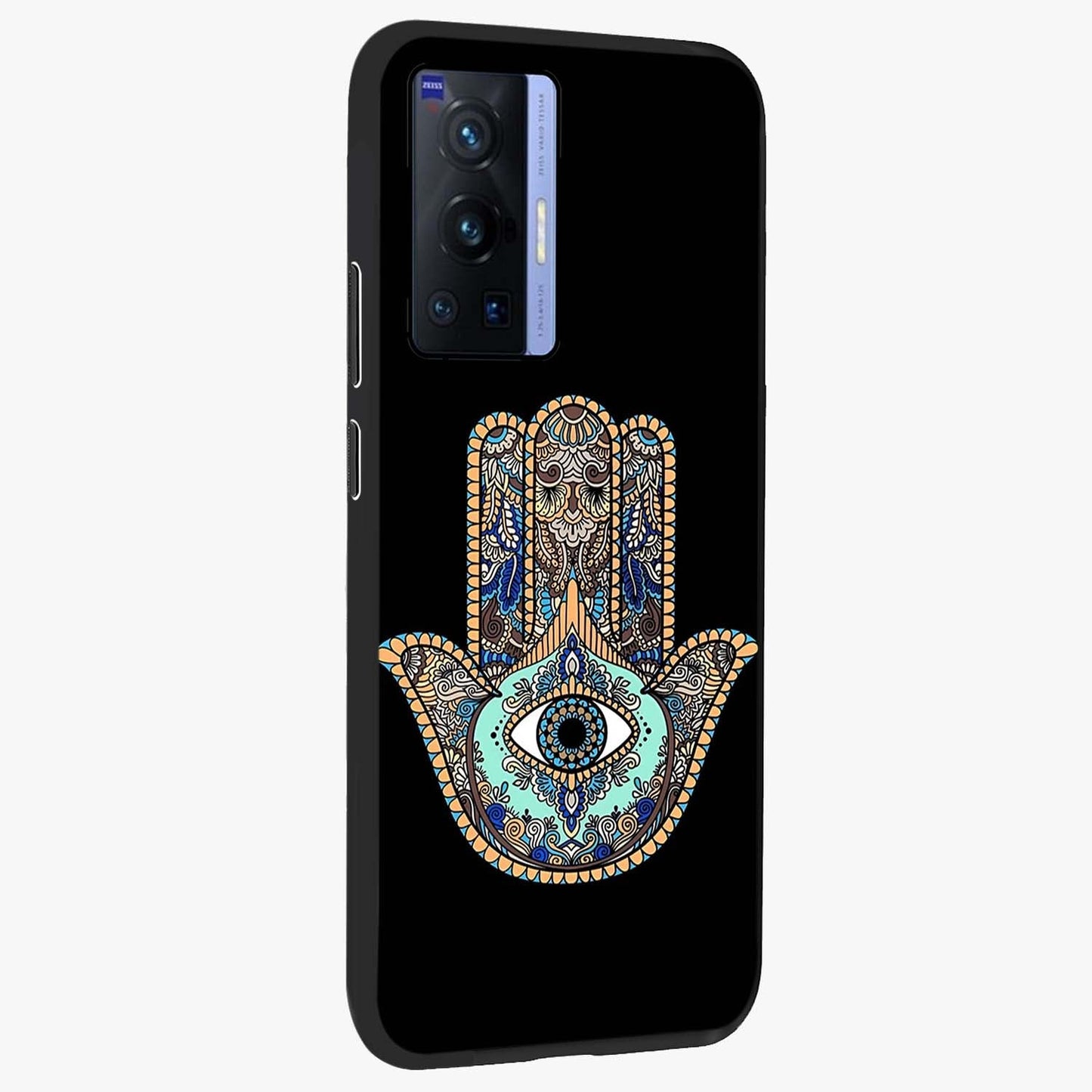 Mystic Hamsa Eye Glass Case upright view showcasing detailed hamsa eye artwork with protective spiritual theme.