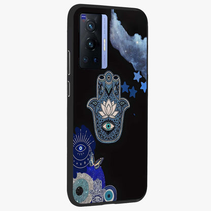 Mystic Hand Aura Glass Case upright view showcasing symbolic hand artwork with mystical energy theme.