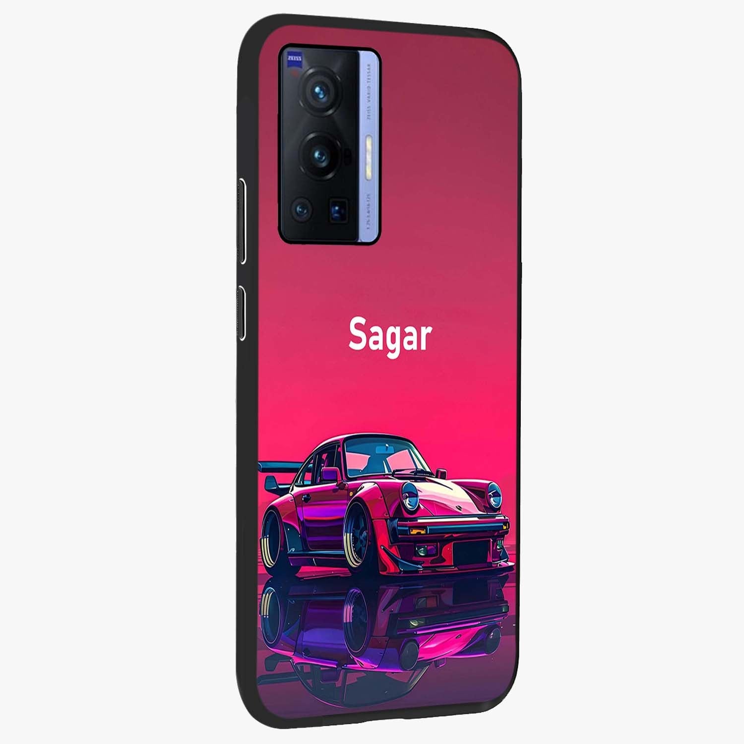 Neon Pink Porsche Glass Case upright view showcasing vibrant sports car artwork with bold automotive theme.